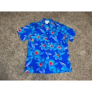 VTG KALAHEO Hawaiian Shirt Blue Floral Tropical Aloha Vacation Cotton LARGE